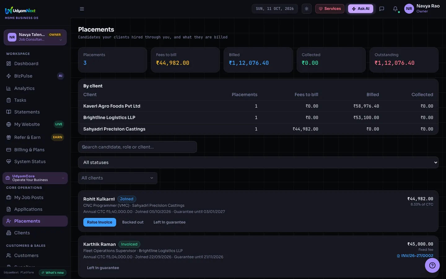 Placements screen with fees to bill, billed and outstanding totals, a per-client breakdown, and placements showing CTC, fee as a percentage of CTC or fixed, guarantee date and invoice