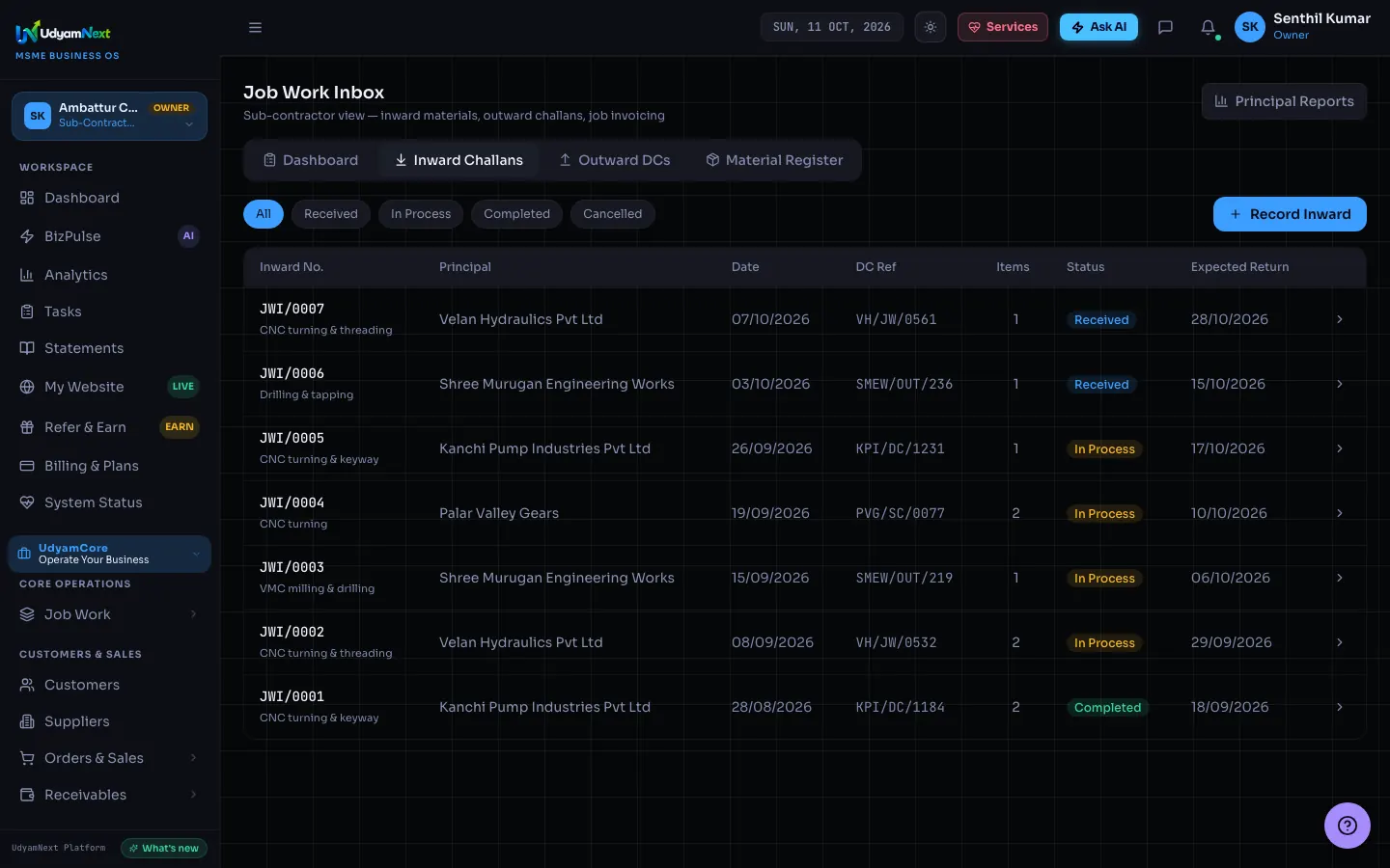 Job Work Inbox listing seven inward challans from four principals with process, challan reference, status and expected return date